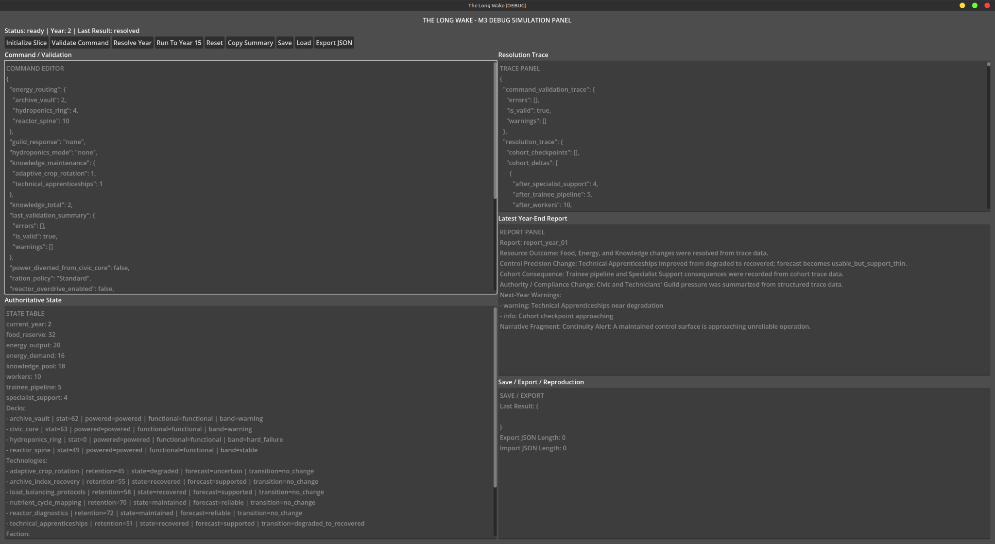 The Long Wake M3 debug panel, with state, command validation, resolution trace, and save/export areas.